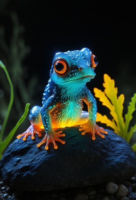 alien-themed (Micro frog), sitting on a rock near a stream at night, cute, ultra detailed macro photography, bioluminescent, cute animal, a housed mystical stunning (Micro puppy), TheWeirdies,  zavy-flrscnc, fluorescent, fluorescent dust. extraterrestrial, cosmic, otherworldly, mysterious, sci-fi, highly detailed,