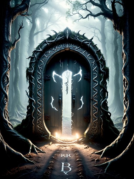 cinematic film still horror-themed, in a dark and gloomy forest stands a magical doorway with brightly glowing silver runes, a gateway to a the hellish world beyond.
 <lora:xl_more_art-full_v1:0.8>, eerie, unsettling, dark, spooky, suspenseful, grim, highly detailed, shallow depth of field, vignette, highly detailed, high budget Hollywood film, bokeh, cinemascope, moody, epic, gorgeous, film grain <lora:Dark Fantasy:1.2> Dark Fantasy