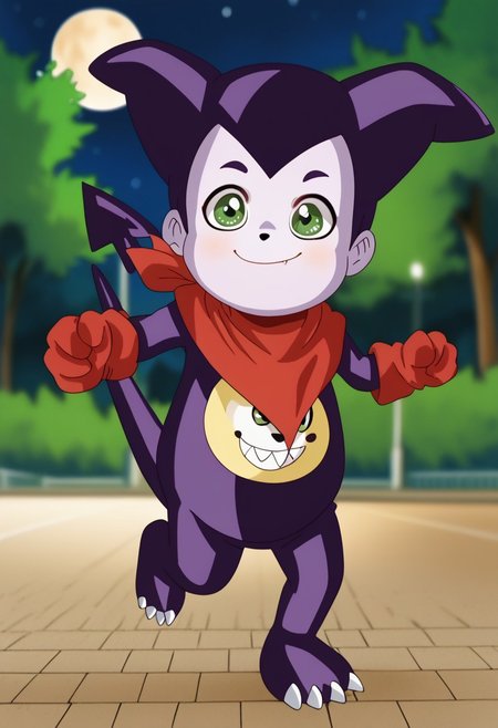 score_9, score_8_up, score_7_up, highly detailed, CuteCartoonStyle, cute boy, digimon (creature), solo, purple skin, green eyes, red bandana, red gloves, tail,  at night, full moon, running, motion blur, smug smile, park
DSCStyle, round eyes, exaggerated proportions, cartoonish features, anime-inspired, cute aesthetics, cartoonish proportions, highlights,smooth lines, glossy highlights, minimal detail, clean outlines, consistent line weight, gentle highlights