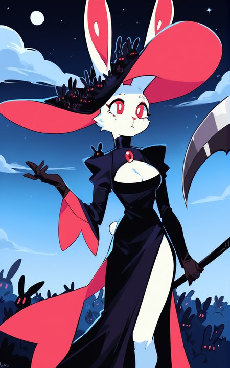 score_9, score_8_up, score_7_up,((best quality)), absurdres, <lora:BolivanteStyle:0.8>,  <lora:BunWitchPXL:0.8>,BunWitchPXL,hat, black dress, dress, cleavage, clothing cutout,side slit, black headwear,rabbit tail,cleavage cutout,long sleeves,red eyes, gloves,black gloves,black footwear, rabbit ears,furry, rabbit, rabbit girl, furry female, long dress,white fur, ears through headwear, animal nose,slim, moon, night, black sky, clouds,bored,scythe, holding scythe,