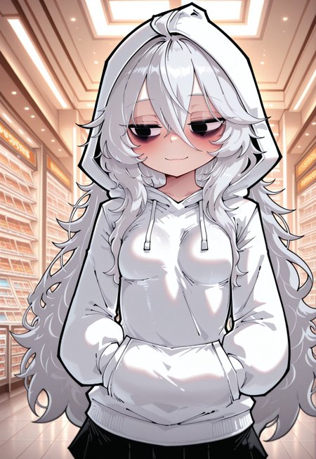 masterpiece, best quality, 1girl, solo, Funset, Shadwo, black_eyes, white_hair, grey_hair, very_long_hair, messy_hair, hair_between_eyes, ahoge, small_breasts, bags_under_eyes, white hoodie, hood up, black skirt, indoors, mall, hands in pockets, looking down, looking to the side, light smile, blush