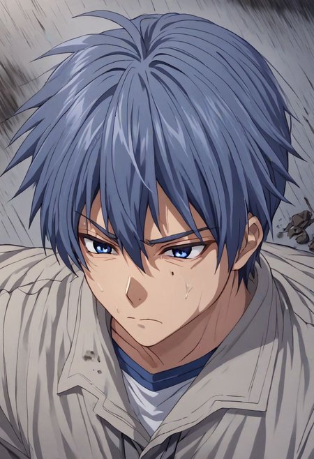 high resolution, solo, best quality, 1Boy, Tomoya Okazaki, Grey Blue Hair, fell down, revenged, dying, OverallDetail