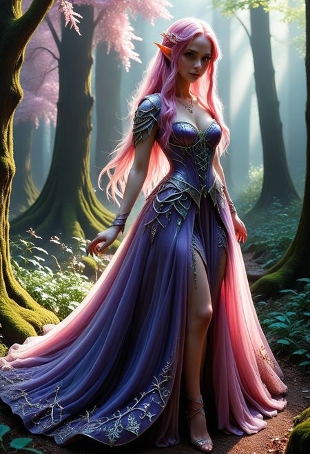 An epic photo of a magical CivChan elf, pink hair, purple eyes, wearing a long fantasy dress, enchanted forest, DonM3lv3sXL, masterpiece, best quality, highly detailed, sharp focus, dynamic lighting, flux-style