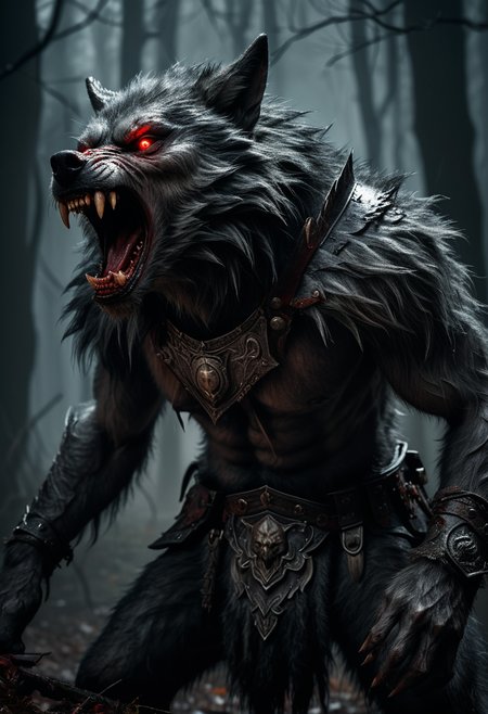 (medium full shot) of (bloodthirsty werewolf), dark grey fur, growling snarl, wearing battle-worn armor,  enchanted talisman,  set in  a haunted forest with whispering winds, shadowy figures, the scent of damp earth, at midnight, ,Masterpiece,best quality, raw photo, realistic, very aesthetic