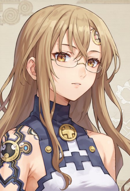 score_9,score_8_up,score_7_up,score_6_up,score_5_up,score_4_up,anime coloring,source_anime,<lora:Ardylia_Summon_Night_3_Pony:0.8>,ardylia,1girl,solo,brown eyes,glasses,long hair,brown hair,forehead ornament,shoulder tattoo,sleeveless dress,(multicolored background),portrait,upper body,looking at viewer,