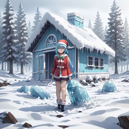 best quality, highres, high resolution, score_9, score_8_up, score_7_up, score_6_up, score_5_up, score_4_up, 1 female, aqua is wearing Santa outfit, her outfit is made of snow crystals,  (Aqua_(Konosuba):1), fr0stwrld, snow, ice, <lora:Fr0stWrld-v10:1.2> , <lora:Aqua Pony:1> ,full body, front yard of a house in snow forest, snow background, standing , anime pose, sad gloomy face