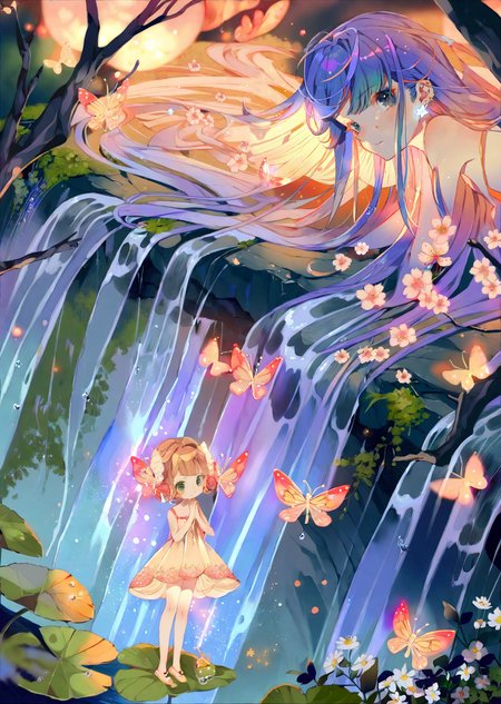 ,by yumenouchi , by yogisya 
  1girl  close up 
extremely beautiful detailed piercing eyes,
a girl immersed in a magical garden at twilight. She stands beside a luminous waterfall, cherry blossoms gently falling around her. The soft glow of fireflies and the distant twinkle of stars add an enchanting ambiance to this serene and otherworldly scene
 masterpiece, best quality, high quality, highres, absurdres, very detailed, high resolution, sharp, sharp image, 8k, vivid, colorful, stunning, anime
