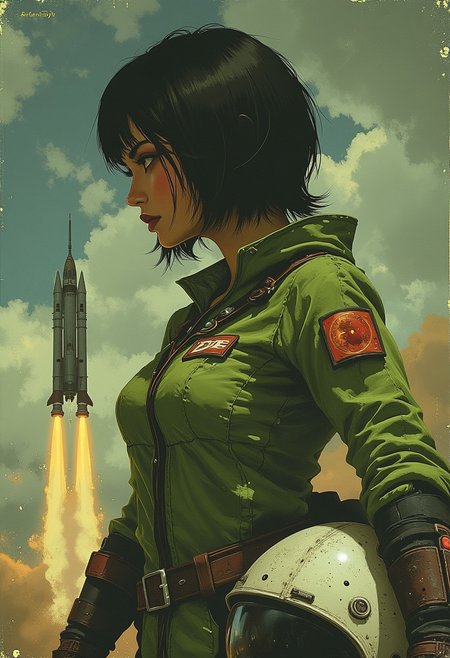 ArsMJStyle, dnddarkestfantasy, a short Asian woman, short black black hair, straight bangs, brown eyes, she wears a green retro spacesuit, her helmet under her arm, she looks into the distance, a determined look on her face. A rocketship on launchpad is in the background