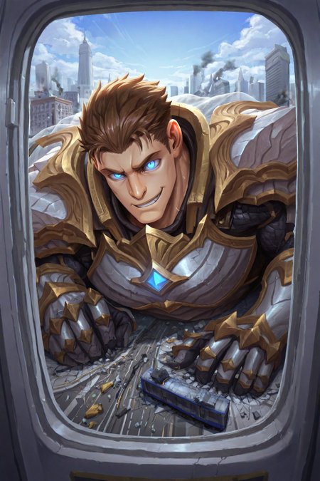 giant male, 1giant, building size, BREAK, solo, 1boy, muscular, blue eyes,glowing eyes,bara, god-king_garen, short hair, brown hair, smirk, looking at viewer, parted lips, BREAK, god-king helmet, helmet, god-king armor,shoulder armor,gauntlet,transparent cape,armor,cape, depth of field, BREAK, destruction, fire, smoke, cityscape, blue sky, cloud, smoke, vivid color, train interior, outdoor, buildings, view from windows, scenery, cityscape, on stomach, grabbing buildings,, falling debris, hand up, BREAK, (artist: dainyuu \(dgls\): 0.7), (artist: penguin frontier: 1.2), impasto, mondi, BREAK, , dynamic, cinematic, very awa, masterpiece, best quality, absurdres, newest, perfect quality, detailed background, intricate details