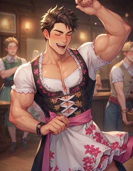 score_9, score_8_up, score_7_up,
1boy wearing pink dirndl  dress,  floral print,
male focus, muscular,
dancing, drunk, fantasy background
 <lora:dirndl_v2:0.9>