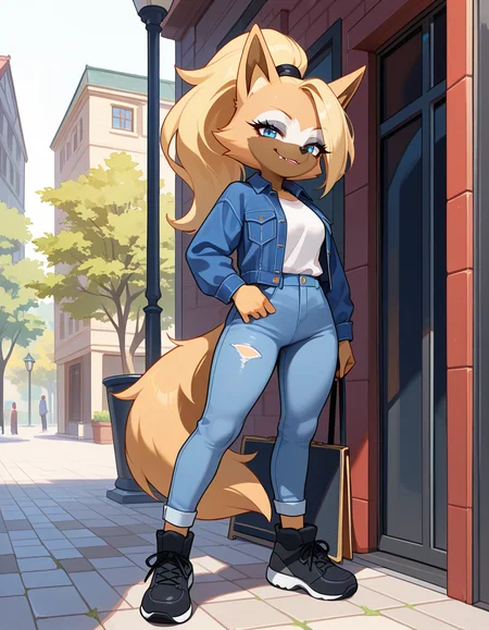 masterpiece, best quality, very aesthetic, absurdres,
outdoors, casual, 
full body, standing, posing, 
 seductive smile, parted lips, long eyelashes,
 <lora:Whisper_the_Wolf_v01_NAIXL:1>,
Wh15p3r,1girl,solo,furry,furry female,wolf girl,long hair,blonde hair,wolf ears,ponytail,blue eyes,makeup,anout,animal nose,fangs,body fur,two-tone fur,orange fur,brown fur,wolf tail,