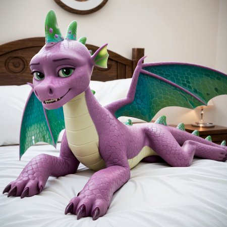 score_9, score_8_up, score_7_up, score_6_up, score_5_up, score_4_up, masterpiece, high quality, realistic, detailed, best quality, white bed, solo, rating_safe, source_pony, bedroom, smiling, seductive, looking at viewer, on bed, lying on belly, spike_mlpg5, dragon, purple scales, green wings, tail, male, 1boy, green eyes, head fins, feral
