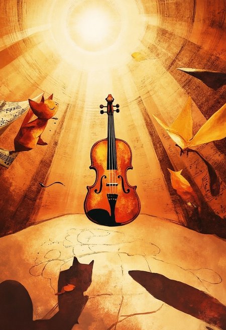 A single violin lies mid-air above a cracked marble floor, surrounded by fluttering origami cats made from faded musical sheets. Each one folds and unfolds slowly, suspended in a loop of gentle paper sound. Warm amber light filters from a broken skylight, casting golden spirals on the floor. The background fades into abstract watercolor washes, where treble clefs melt into feathered wings. Silence here has its own melody. act1vate, Dreamlike_surreal,, Storybook Illustration art style