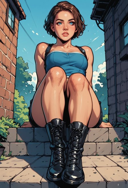 commix style, zPDXL3, PnyCmicXLPOS, detailxl, perspective, close up, solo, (1girl), woman (RE3Jill), brown hair, short hair, blue eyes, age 30, ,sitting, reading a book, lonely, perfect quality, perfect eyes, detailed lips, (long legs, thigh gap), blue tube top, black miniskirt, black boots, bare shoulders, bare legs, outdoors, depth of field