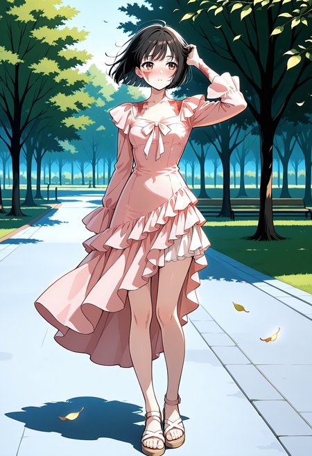 solo, 1girl, black hair, short bob hair, brown eyes, small lips , burn scar on arms, burn scar on face, small breasts,
 beautiful park, sunny beautiful day, lewd expression, blushing,  hand on hair, full body, park, standing, floating hair, floating skirt, sandals,
wind, flying leaves,
matakawadress, long dress, long sleeves, asymmetrical skirt, frills dress, bare neck, pink dress,  <lora:MatakawaDressIlv2:1>,
 <lora:gogalkingIL-style:0.8>