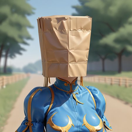zPDXL2,score_9, score_8_up, score_7_up, score_6_up, score_5_up, score_4_up, solo, outdoors, looking at viewer,1girl, solo, Chun Li <lora:Paper_Bag_Over_Head:0.8> p4pb4g, paper bag on head, hidden face