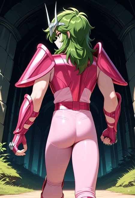masterpiece, best quality, amazing quality, very aesthetic, absurdres, newest, ANDROMESHUN, ANDRSHUNV2, 1boy, slender figure, pink pauldrons, curved pauldrons, silver circlet, long wavy green hair, green eyes, pink sleeveless armor, pink vambraces, fingerless pink gloves, pink boots, pink kneepads, light pink pants, pink belt, chains, (view from behind:2)