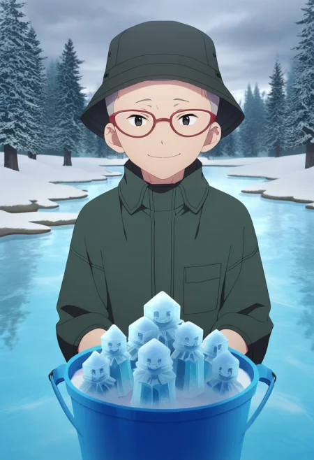 masterpiece, best quality, , (3d:0.4), looking at viewer, 1boy, solo, male focus, <lora:konekomaru_miwa_ilxl:0.92>, konekomaru_miwa, grey hair, black eyes, very short hair, glasses, red-framed eyewear, , winter garden, ice sculptures, snow-covered trees, frozen pond, exploring pose, delighted expression, overcast, , bucket hat