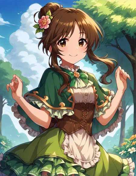 score_9,score_8_up,score_7_up,1girl,solo,cowboy shot,smile,looking at viewer,outdoors,
<lora:takamoriaiko_ponyXLV6:0.8>,cgtka,
brown hair,single hair bun,sidelocks,brown eyes,
hair flower,green capelet,frilled skirt
