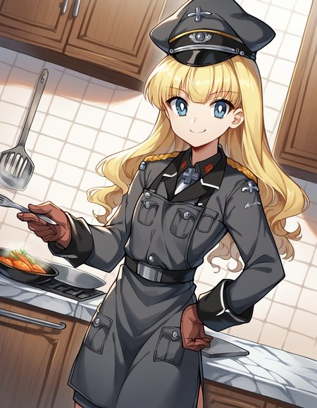 score_9, score_8_up, score_7_up, source_anime, <lora:retia-adolf-ponyxl-lora-nochekaiser:1>, retia adolf, blue eyes, blonde hair, wavy hair, bangs,, gloves, hat, military uniform, peaked cap, zettai ryouiki,, kitchen, cooking, apron, cutting vegetables, home cooking, smile, , v, smile, solo,, cowboy shot, dutch angle