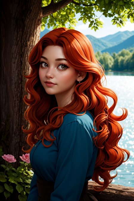 1girl, big hair, curly hair, long hair, long sleeves, looking at viewer, orange hair, red hair, ringlets, shirt, solo, wavy hair, lake, nature, dappled sunlight, flower, tree, 
masterpiece, best quality, intricate details, <lora:backlight_slider_v10:-0.5> <lora:contrast_slider_v10:3>      <lora:weight_slider_v2:0.7>