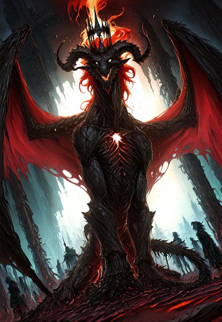 masterpiece, best quality, very aesthetic, absurdres, r17329_illu, sketch, xxx667_illu. A towering, apocalyptic dragon, his colossal frame dominates the scene, his scorched black scales gleaming like obsidian armor, each one jagged and worn from countless wars. His left eye is scarred and blinded, the wound extending down his battle-ravaged side, a permanent reminder of brutal conflicts. His left forelimb, torn from his body long ago, has been replaced with a black metal talon, fused to his being, shaped like a demonic dragon’s claw. Molten veins glow beneath his scales, pulsating like liquid fire.

His head is monstrous, framed by a crown of twisted, charred horns, cracked but unbroken. A fiery red mane, wild and uncontained, flickers and dances like an eternal inferno. His glowing white eyes, burning with insanity, pierce through the shadows, radiating madness and destruction. His wings, massive and battle-torn, stretch wide, their magma-filled membranes glowing ominously, tattered yet unyielding. His chest rises and falls, each breath shaking the earth, embers swirling around him.

From a cinematic dutch angle, he looms over the viewer, firelight casting deep shadows over his monstrous form. The very air distorts from the overwhelming heat radiating off him. His power is boundless, his rage volcanic—he is an unstoppable force of annihilation, poised to reduce the world to cinders.