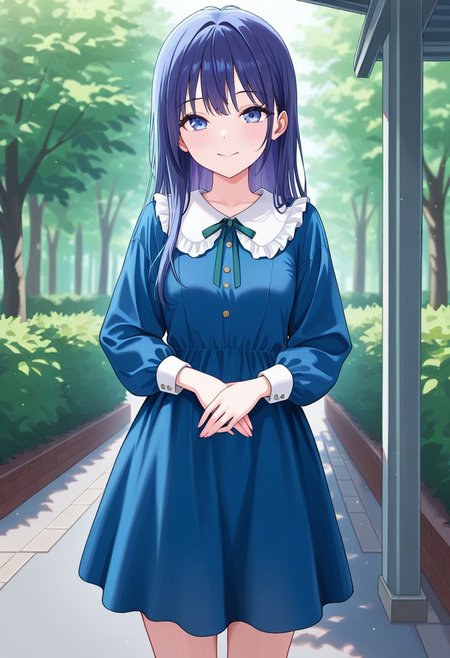 (absurdres, best quality, masterpiece:1.4), amazing quality, highres, newest, detailed, detailed body, detailed face, beautiful, petite, 
BREAK
WWNemu, 1girl, solo, standing, smile, NemuMang, manga illustration, blue dress, white frill collar, neck ribbon