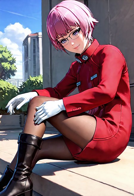 <lora:sdxl_lightning_8step_lora:1> <lora:Fixhands_anime_bdsqlsz_V1:1>score_9, score_8_up, score_7_up, source_anime, intricate details, perfect anatomy BREAK
1girl, solo, gis-esakipurin, pink hair, short hair, purple eyes, black-framed eyewear, red coat, white gloves, gis-esakipurin outfit, brown pantyhose, black boots,
downblouse, on side, Sensual, A deep, intense gaze, a slow, deliberate smile, and a relaxed posture., outdoors, 
<lora:gis-esakipurin_XL(pony)fix:0.9>