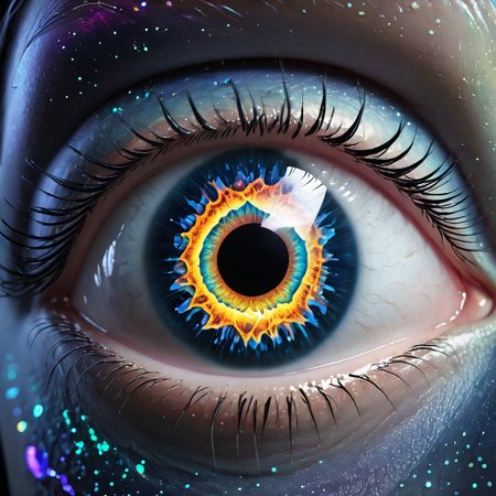 biolumen, detailed eye, iris, cornea, pupil, art, ,universe,luminous human eye, galaxy, night sky, BL4CK3STBL4CK, black_theme, matte_color, flat color