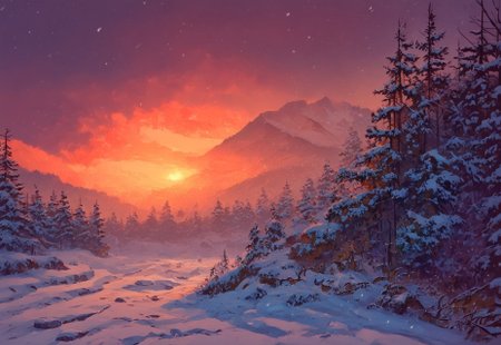 masterpiece, score_9_up, score_8_up, score_7_up, score_6_up, (best quality:1.1), ultra-detailed, high resolution, no characters, mountain, nature, mountainous horizon, outdoors, tree, snowing scenery, snow, outdoors, winter, clouds, snowy mountains, snow all around, sunset, orange tones, forest, sun, snowfall
