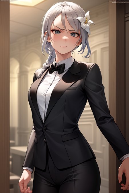 Kaine,  <lora:KaineV1-000007:0.6>, (2d:1.2), 1girl, flower, bandages, solo,  hair_ornament, bandaged_leg, braid, fancy tuxedo, suit, crossdressing,  upper_body, hair_flower, grey_eyes, annoyed_expression, grabbing clothing, uncomfortable expression,  digital art, HDR, cinematic lighting, hard lighting amazing shading, professional art, 2d character, painting_\(medium\) background, fantasy, medieval,  ballroom,