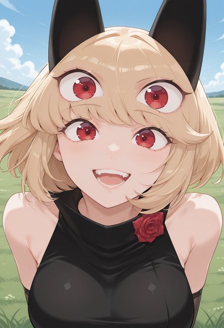 debby_the_corsifa, red eyes, blonde hair, short hair, extra eyes, animal ears, black dress, tube dress, short dress, sleeveless, bridal gauntlets, <lora:debby_the_corsifa_illustrious_ver2:0.8> 
smile, (upper body:1.2), (open eyes:1.4), (portrait:1.4),, masterpiece, best quality, sensitive,, 1girl, solo, blue sky, (grasslands:1.2), looking at viewer,
