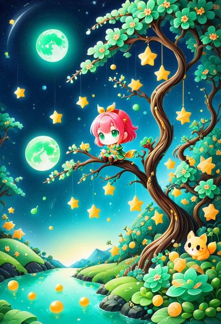 Sinoink, score_9, score_8_up, score_7_up, score_6_up, 1girl, chibi,  sitting on tree branch , made out of jade, fresh, refreshing iridiscent, night sky, candy moon, candy stars, magical orchard , bokeh, midjourneyv6.1