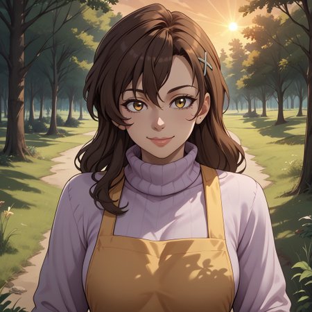 score_9, score_8, BREAK, inuyama_junko,brown hair, long hair,1mole under mouth, hair ornament,hairclip,purple turtleneck sweater,blue pants, yellow apron, sexy pose, self portrait, smile, outdoors, sunlight, shadows, evening lighting, natural lighting, forest, trees, grass, orange sky, sunset