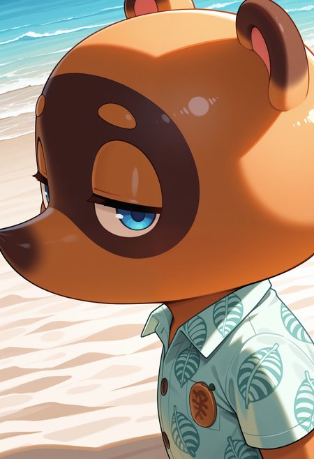 masterpiece,best quality,amazing quality,solo, 1boy, solo, n00k, chibi, leaf-print collared shirt, half-closed eyes, blue eyes, beach, close up, side angle,