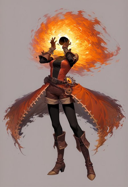 score_9, score_8_up, score_7_up,
lord_of_frenzy, fire head,
faceless, no eyes, no mouth, no nose, no facial features, 
magical girl outfit, steampunk dress, boots, (brown shorts:1.1), black tights, medium breasts, belt, brown gloves,
black hole, event horizon, gravitational lensing,
simple background, grey background,
hands on own face, hands on own cheeks, yandere trance