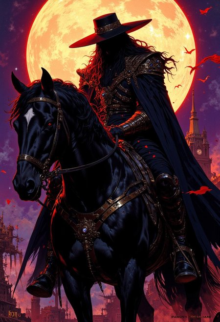 weibo, drawing, illustration retro 90's, Yoshitaka Amano, Ayami Kojima, chromatic aberration, detail, high contrast, cinematic view, volumetric lighting, perspective, close_up, low_angle, vampire_hunter, gothic_fantasy, full_moon_background, long_black_hair, golden_details, purple_twilight, red_sky, dramatic_lighting, eerie_atmosphere, fantasy_art, dark_romantic, horseback, misty_night, eerie_moonlight, dramatic_silhouette, gritty_texture, melancholic_mood, thick_linework, surreal,cinematic, intense_detail,photorealistic,(sharp focus:1.3). A stylized character with a striking appearance. A close-up, low-angle shot of a mysterious vampire hunter on horseback, silhouetted dramatically against a large, glowing full moon. The view captures the hunter from a slightly below perspective, emphasizing their towering and intimidating presence. They wear a wide-brimmed hat, enhancing the mystery. He long, flowing cloak are visible in the foreground, creating an intense focus on their form. The horse’s head and muscular neck are partially illuminated by the moonlight, adding to the powerful composition. The moonlight casts a haunting glow, with soft mist in the background, creating a high-contrast effect that emphasizes the gothic and dark fantasy aesthetic. The scene feels solitary and intense,  supernatural threats lurking in the night. The image is highly detailed, with a focus on the textures of his suit, the sharpness and the way his interacts with the.
DB4RZ, DB4RZ style painting