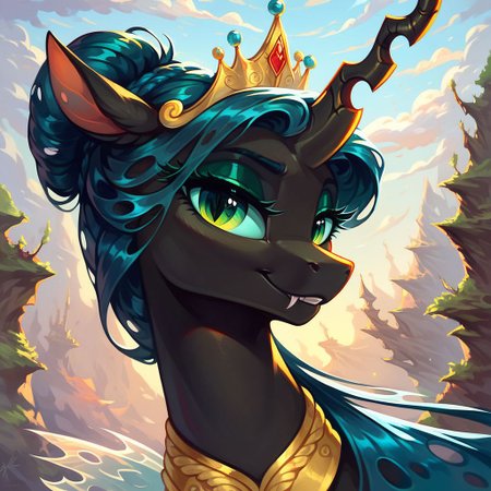masterpiece, score_9, score_8_up, score_7_up, (best quality:1.1), ultra-detailed, high resolution, 1character,  Queen chrysalis, (((beautiful detailed eyes))), Long eyelashes, Looking At Viewer, Highly Visible, (((8k))), Changeling, feral, MLP, G4,  from Equestria at War, female, portrait of a leader, Queen of the Changeling Lands, royal militaristic ruler's outfit, sharp focus, perfect lighting, beautiful eyes, detailed outfit, long eyelashes, anatomically correct, extremely detailed, (the mountain and the sea), shine on body, high detail, evil face, predatory smile, Expressiveh, detailed background, OverallDetail, zPDXL2