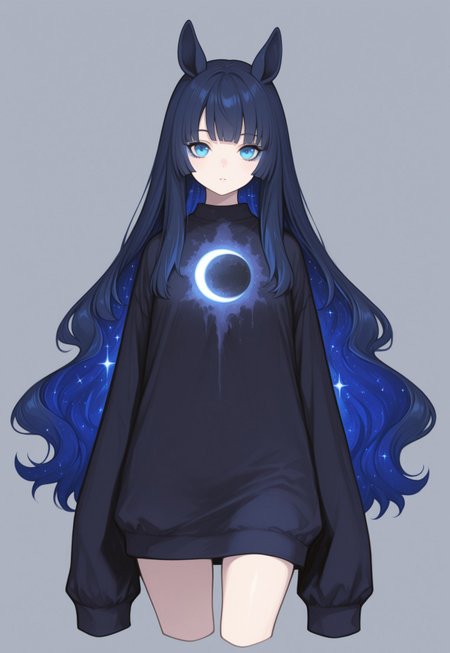 masterpiece, painting \(medium\), best quality, absurdres, newest, very aesthetic, amazing quality, highres,
BREAK, 
1girl, solo, nightmare moon, personification, dark blue hair, long hair, starry hair, multicolored hair, blue eyes, blue eyeshadow, horse ears, looking at viewer,  simple background, cropped legs, sleeves past fingers, (goth:0.5),
BREAK,
 kemonomimi mode, HR-Illu