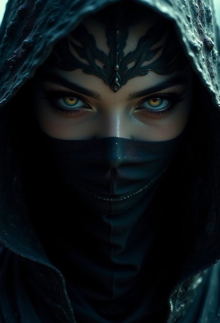 closeup portrait of the eyes of an oriental female assassin, clad in dark hood and mask covering the lower part of her face, directional lighting, chiascuro, atmospheric, direct intense gaze, moody, atmospheric, masterpiece