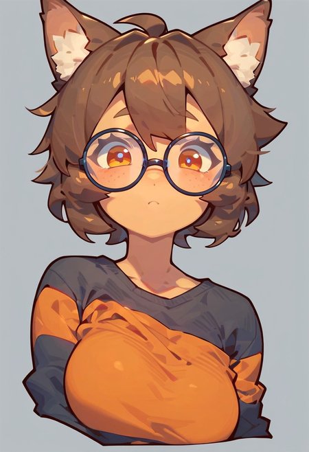 score_9, score_8_up, score_7_up,style:abmayo  , solo, 1girl, cute, perfect large breast, light orange skin, circle glasses, animal ears, brown hair, short hair, slight freckles, amber eyes, casual clothes