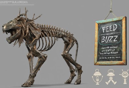 a sign board says "FEED BUZZ".
a lion skeleton Bronze statue by S410CHURYO.