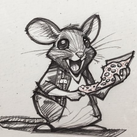 drawix21 rat eating pizza, black ink<lora:drawix21:1>