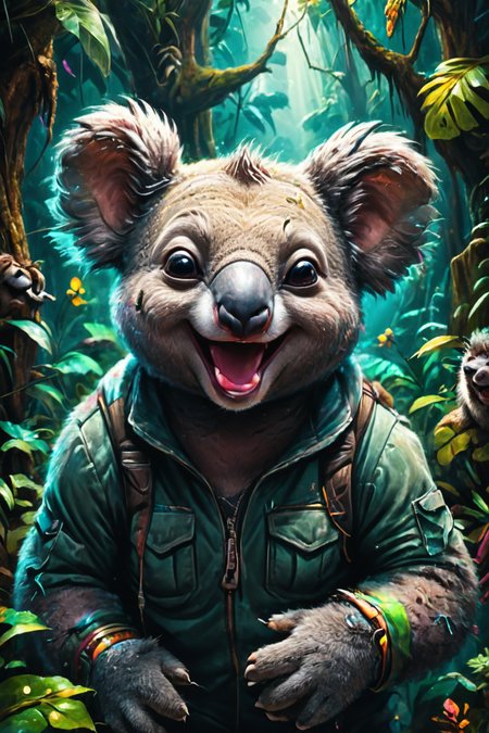 Detailed digital portrait of an anthro Koala (Laughing openly, genuine happiness) at a Bioengineered creatures in neon-lit rainforest, <lora:xl_more_art-full_v1:0.5>,  <lora:The_Crazy_Style:0.7> <lora:anthro_muscular:0.7>