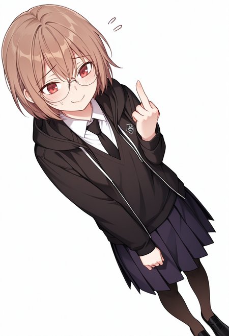 Smooth Quality,masterpiece,very intricate, high quality details, ultra realistic, high detailed skin,detailed enviorement,absurdres,
nervous, nervous smile, middle finger,
 <lora:Young-Joo_CNR:0.8> young_joo_cnr, 1girl, brown hair, short hair, red eyes, glasses, young_juniform_cnr, school uniform, black jacket, white shirt, collared shirt, black necktie,hoodie, pleated skirt,black pantyhose, black footwear,, simple background, white background, dutch angle,solo,