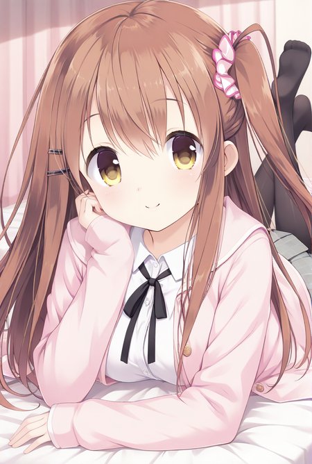 masterpiece,best quality,amazing quality,highres,scenery,newest,1girl,official style,sena, brown hair, hair ornament, long hair, hairclip, yellow eyes, bangs, one side up, hair between eyes,sena school2, pantyhose, skirt, pleated skirt, plaid skirt, plaid, black pantyhose, shirt, school uniform, grey skirt, open clothes, scrunchie, long sleeves, white shirt, sleeves past wrists, cardigan, hair scrunchie, ribbon, neck ribbon, pink jacket, buttons, dress shirt, <lora:koikake-sena-V2:1>,bedroom,bed,looking at viewer,the pose,soles,no toes,smile,on stomach,