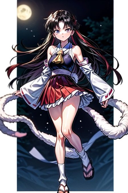 masterpiece,  best quality 1girl Setsun4 solo long hair,  (night time) forest background black hair very long hair purple eyes multicolored hair armor (fur trim) (medium body),<lora:EMS-179-EMS:0.800000>,<lora:EMS-293862-EMS:0.800000>ascot, bare shoulders, black footwear, detached sleeves, embellished costume, frills, japanese clothes, nontraditional miko, red skirt, sandals, sarashi, skirt, socks, armor, miko