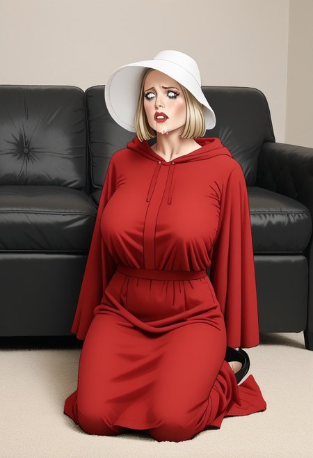 score_9, score_8_up, score_7_up, score_6_up, adult beautiful woman,   (chiaroscuro lighting) 
source_cartoon,   f3rn4nd0, (line art), 
 solo, 
apartment, 
 (1female),  coed 
 H4NDM41D,
 red dress, hood, red_robe, hooded_robe, bonnet, white_headwear,
(gigantic breasts), (huge breasts), fully clothed, skintight, 
blond hair,
red lipstick, long eyelashes, slutty makeup,  mascara
((blushing)),  
 biting her lip,  drooling, 
(extremely thin), (skinny thin), (anorexic thin),
kneeling on ground, near couch