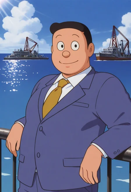 1boy, day, sunlight, leaning back, (upper body:1.5), light smile, looking at viewer, against railing, facing viewer, casual, (from side:0.5), bent arms,
BREAK
nobisukenobi, retro style, toon \(style\), mature male, plump, black hair, black eyes, dot pupils, short hair,
BREAK
blue suit, blue pants, yellow necktie, white shirt, collared shirt, white legwear, brown footwear,
BREAK
(thick arms:1.2), large pectorals, blue sky, horizon, ocean, outdoors, cloudy sky, dock, port, crane \(machine\), cargo ship,
BREAK
best quality, masterpiece, very aesthetic, absurdres, highest detailed, very awa,  <lora:Nobisuke_Nobi_from_late_Doraemon_oyama_edition_v1.0:1>