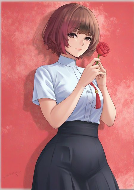 1girl, by kodoto, abstract background, black skirt, brown eyes, brown hair, closed mouth, cowboy shot, dated, facial mark, flower, hands up, holding, holding flower, lips, looking at viewer, red flower, red rose, rose, shirt, short hair, short sleeves, skirt, solo, tassel, white shirt, <lora:ARMERIAã¢ã«ã¡ãªã¢:1>